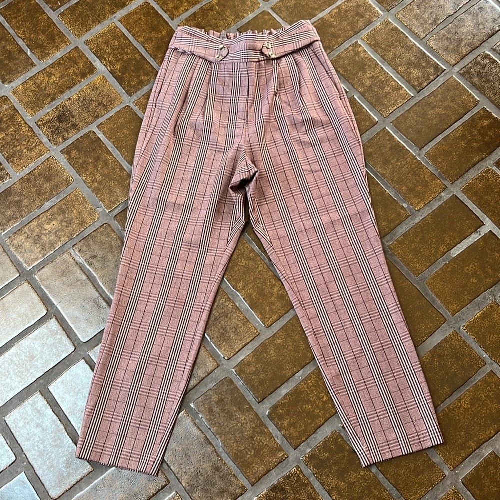 Express Blush Pink & Maroon Plaid Pleated High Rise Ankle Pant